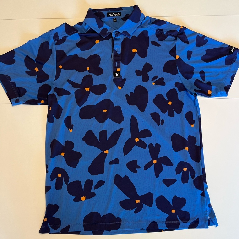 L Bad Birdie Blue Dreams Flower Polo Shirt